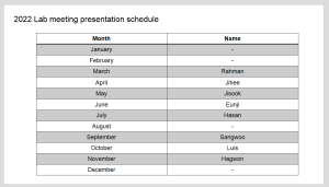 2022 Lab meeting presentation schedule 이미지